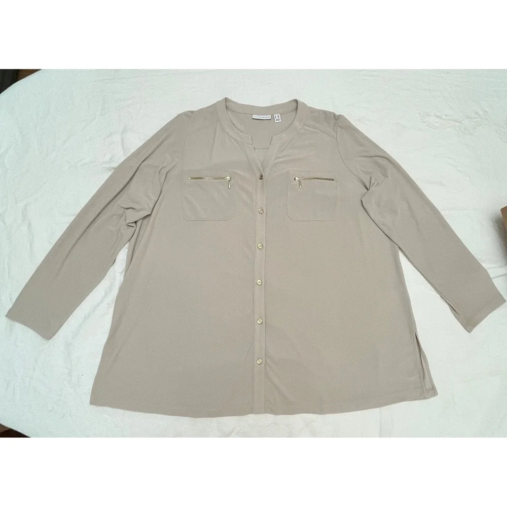 Susan Graver Tunic Top Womens 2X Tan Liquid Knit Office Gold Neutral Chic Career